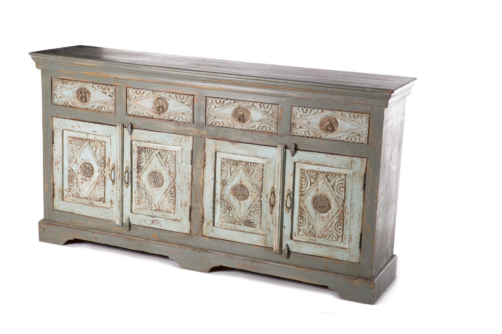 Sideboard 'Panipat', 4 Türen, 4 Schubladen, bemalt, graublau, T 40 cm, B 173 cm, H 92 cm