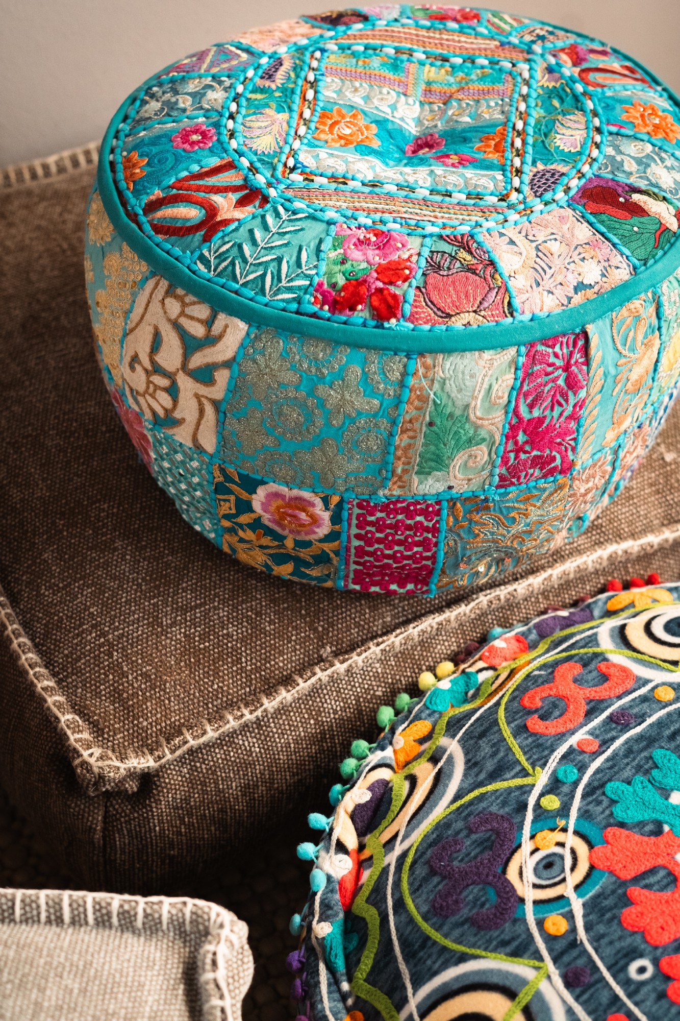 Patchwork Pouf, türkis, multicolor, Ø 40 cm, H 20 cm
