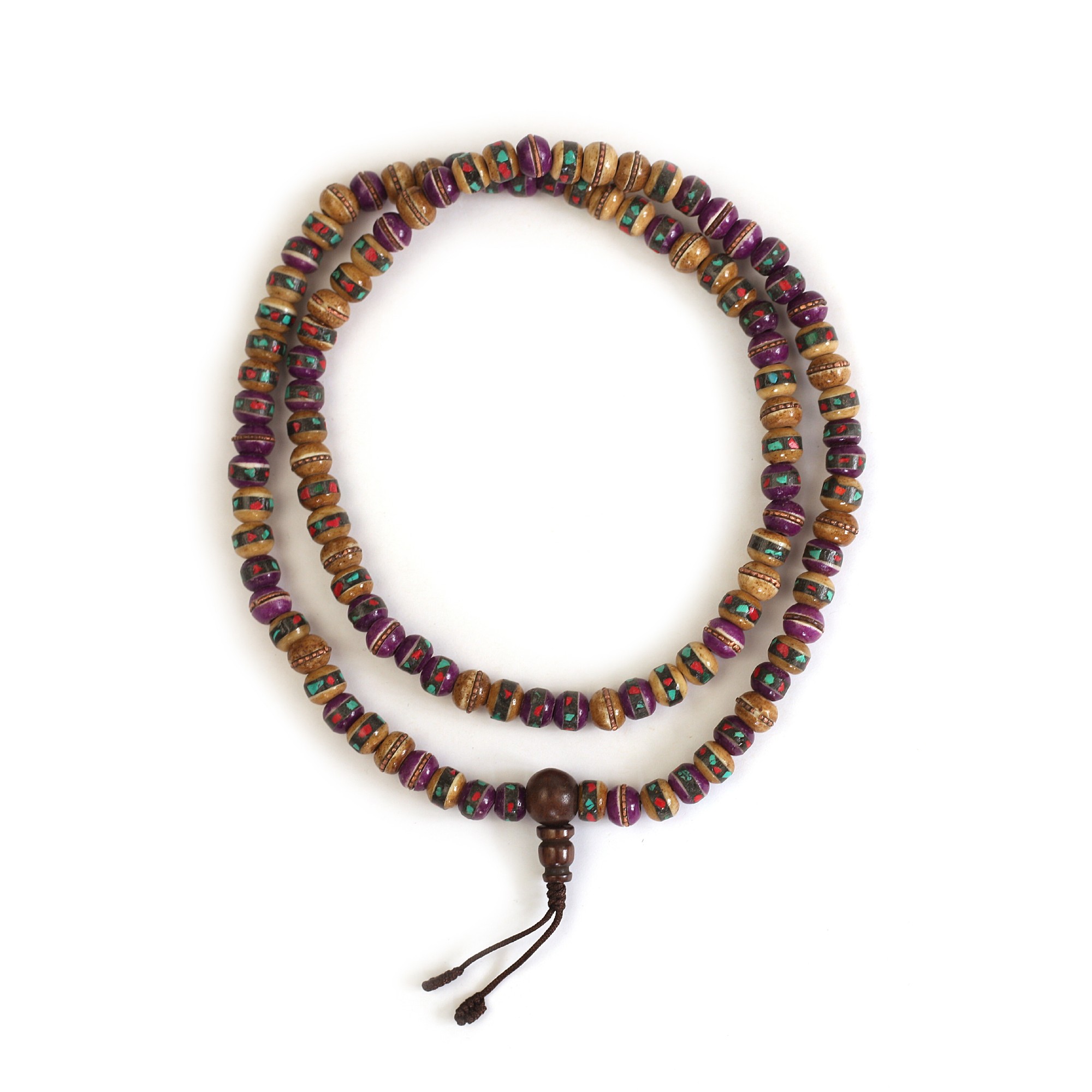 Mala Gebetskette, natur, lila mit Inlays, L 74 cm, B 0,8 cm