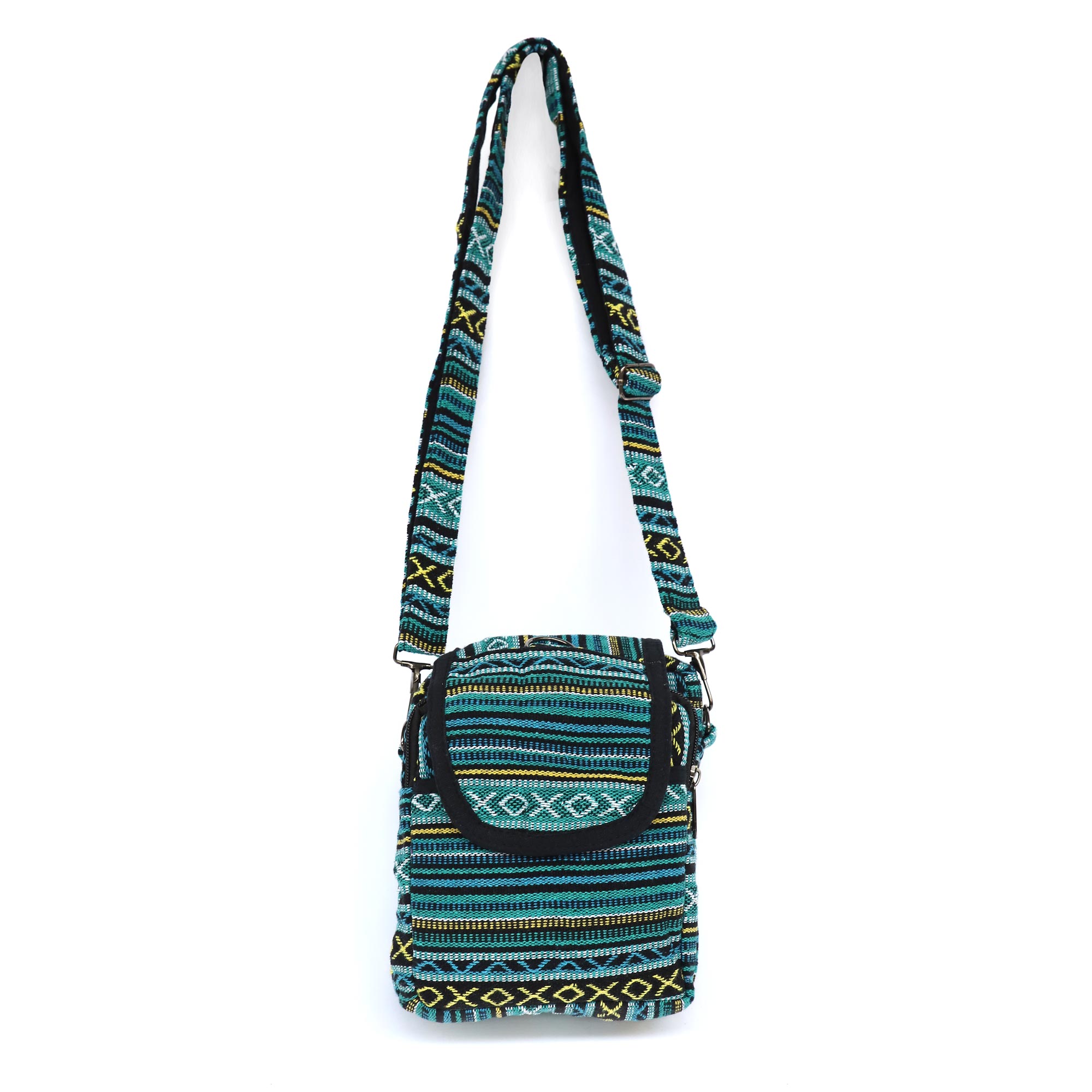 Umhängetasche aus Baumwolljacquard, blau-gelb, H 22 cm, B 15 cm, L 7 cm