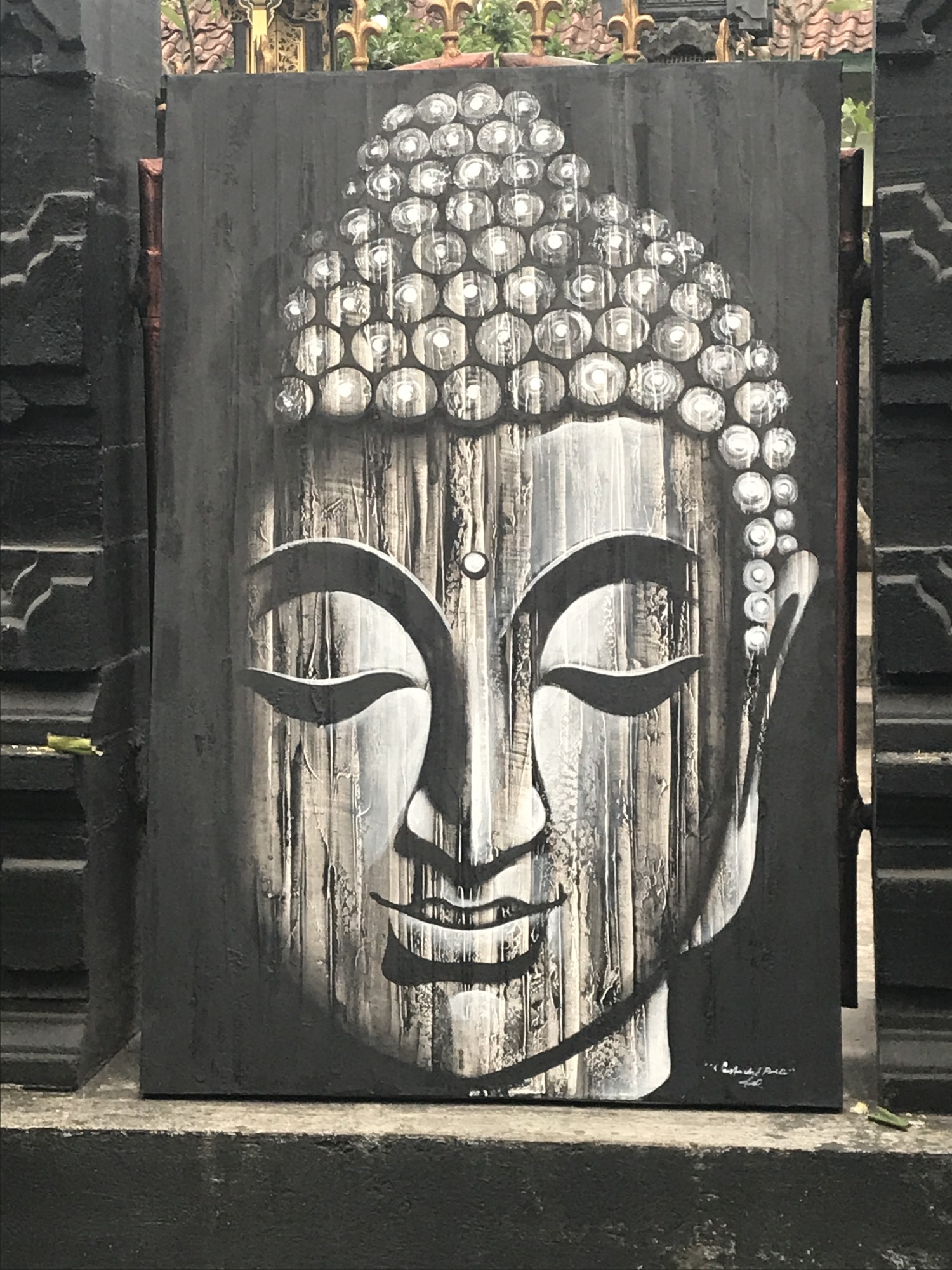 Gemälde 'Wooden Buddha' auf Leinwand, schwarz / grau, H 120 cm, B 80 cm, T 4 cm