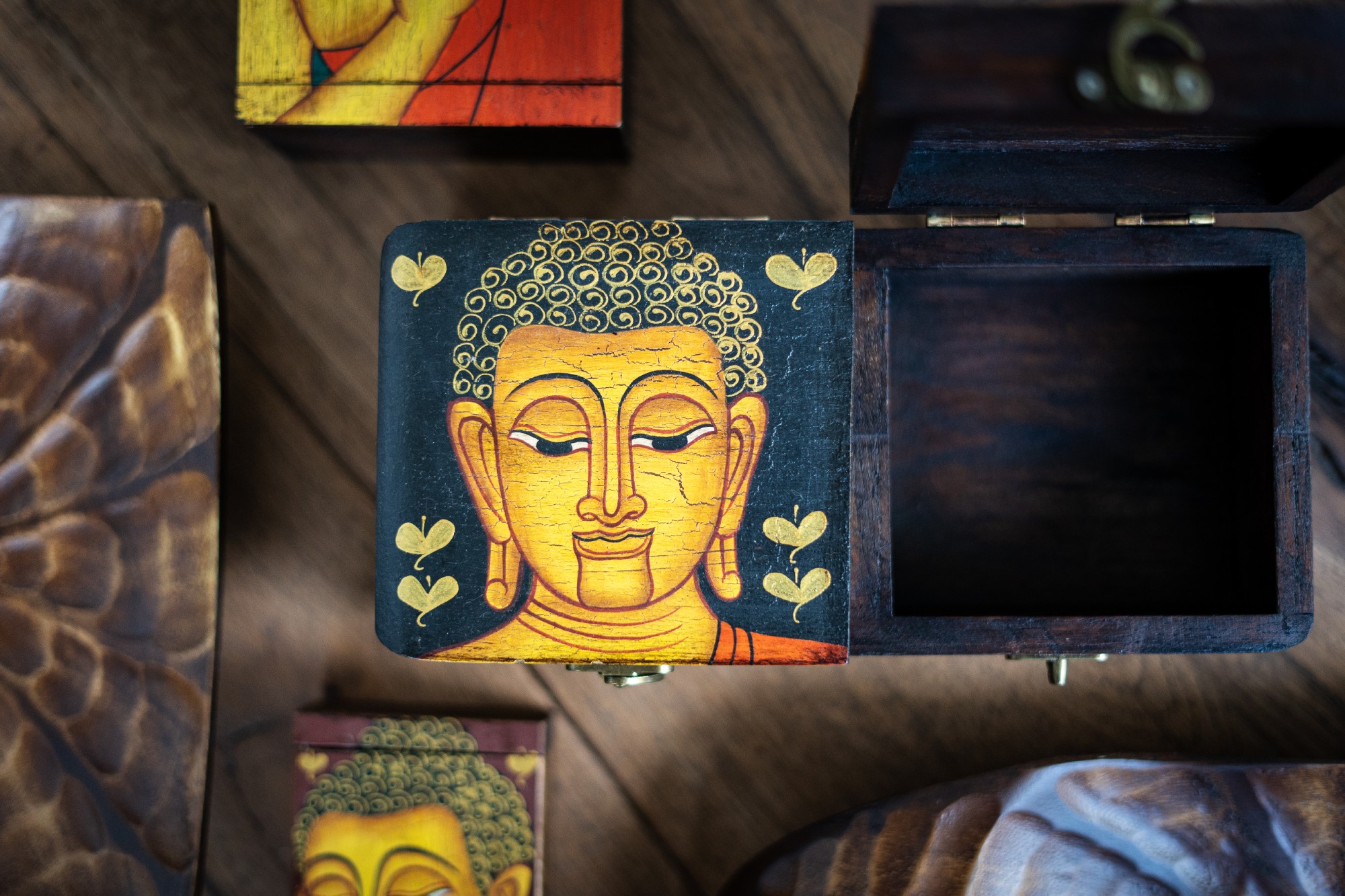 Doppel-Holzschatulle 'Buddha blau', Teak, L 11 cm, B 24 cm, H 9 cm
