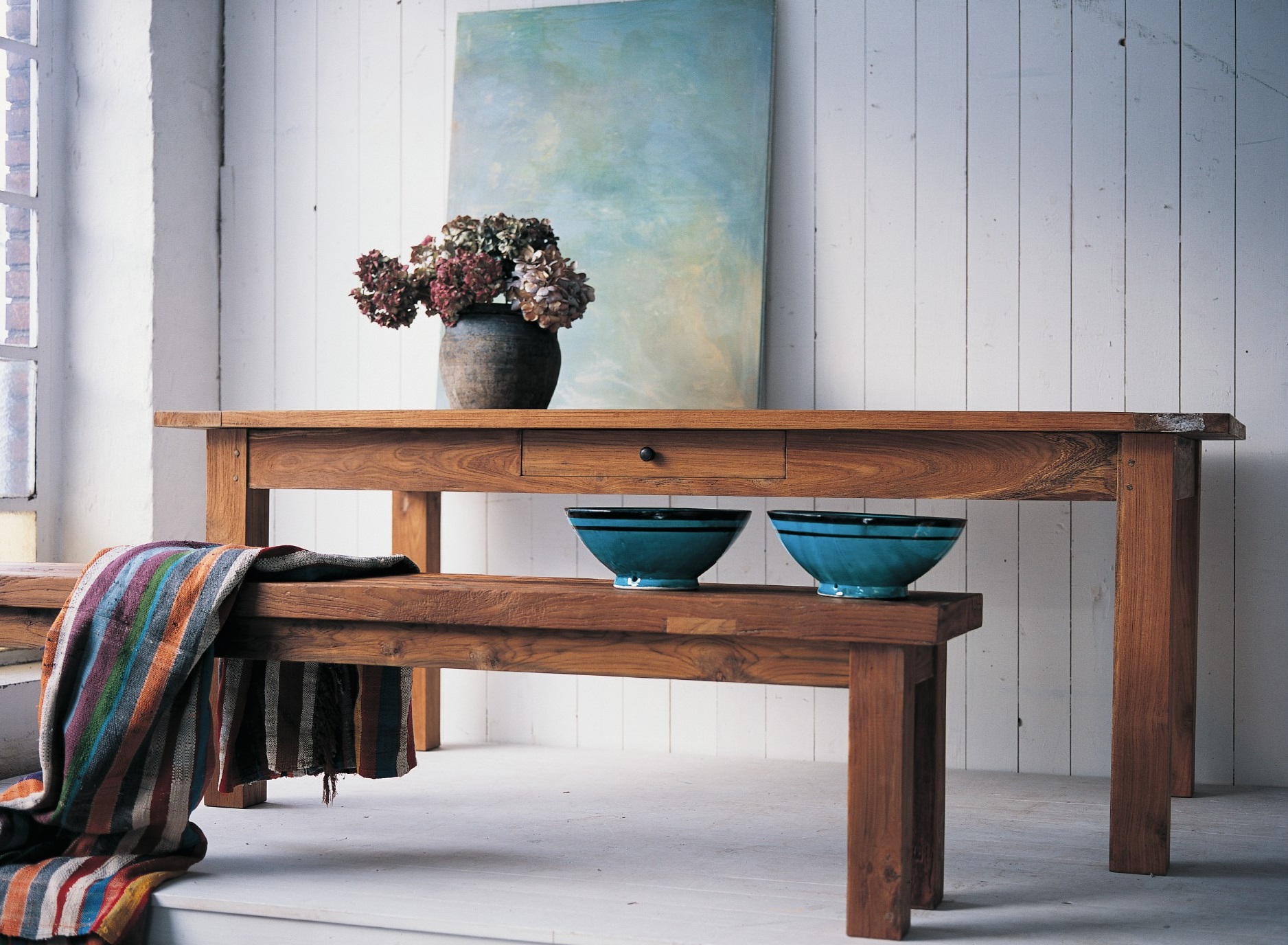 Esstisch aus recyceltem Teak mit Schublade, natur, L 140 cm, B 80 cm, H 79 cm