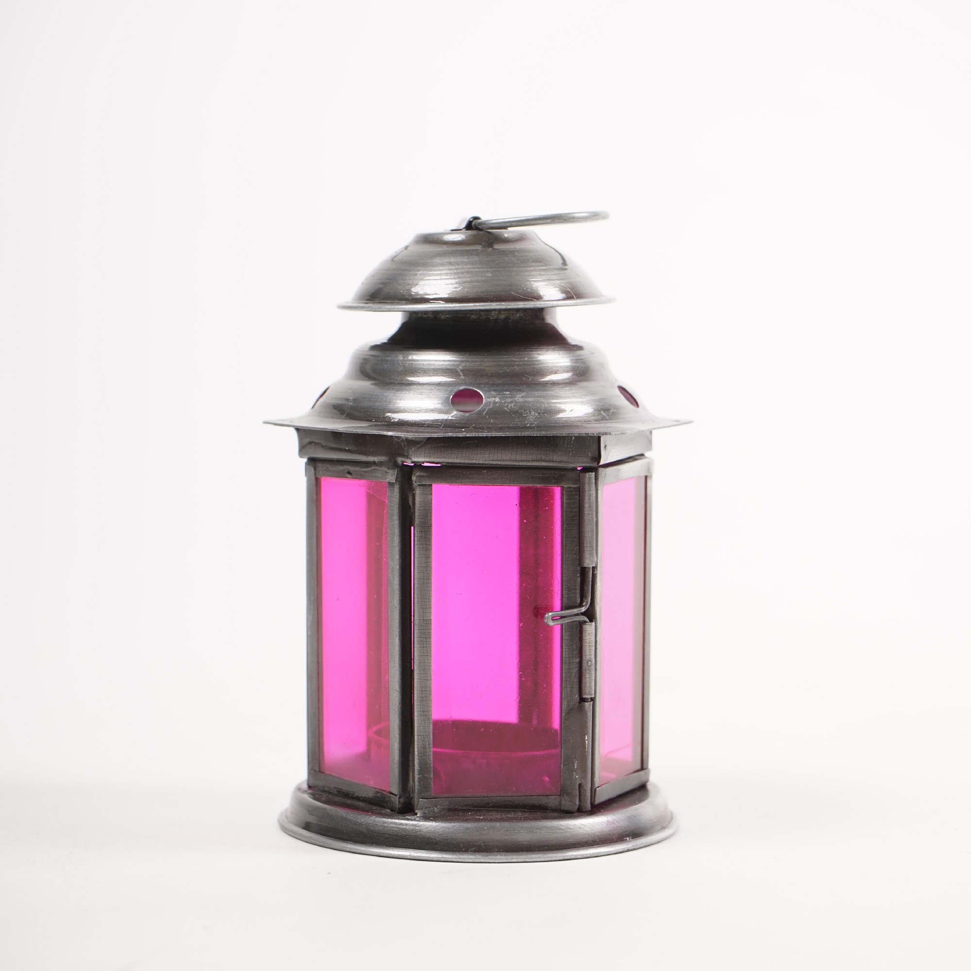 Laterne 'Achteck', silber/pink, Ø 8 cm, H 12 cm