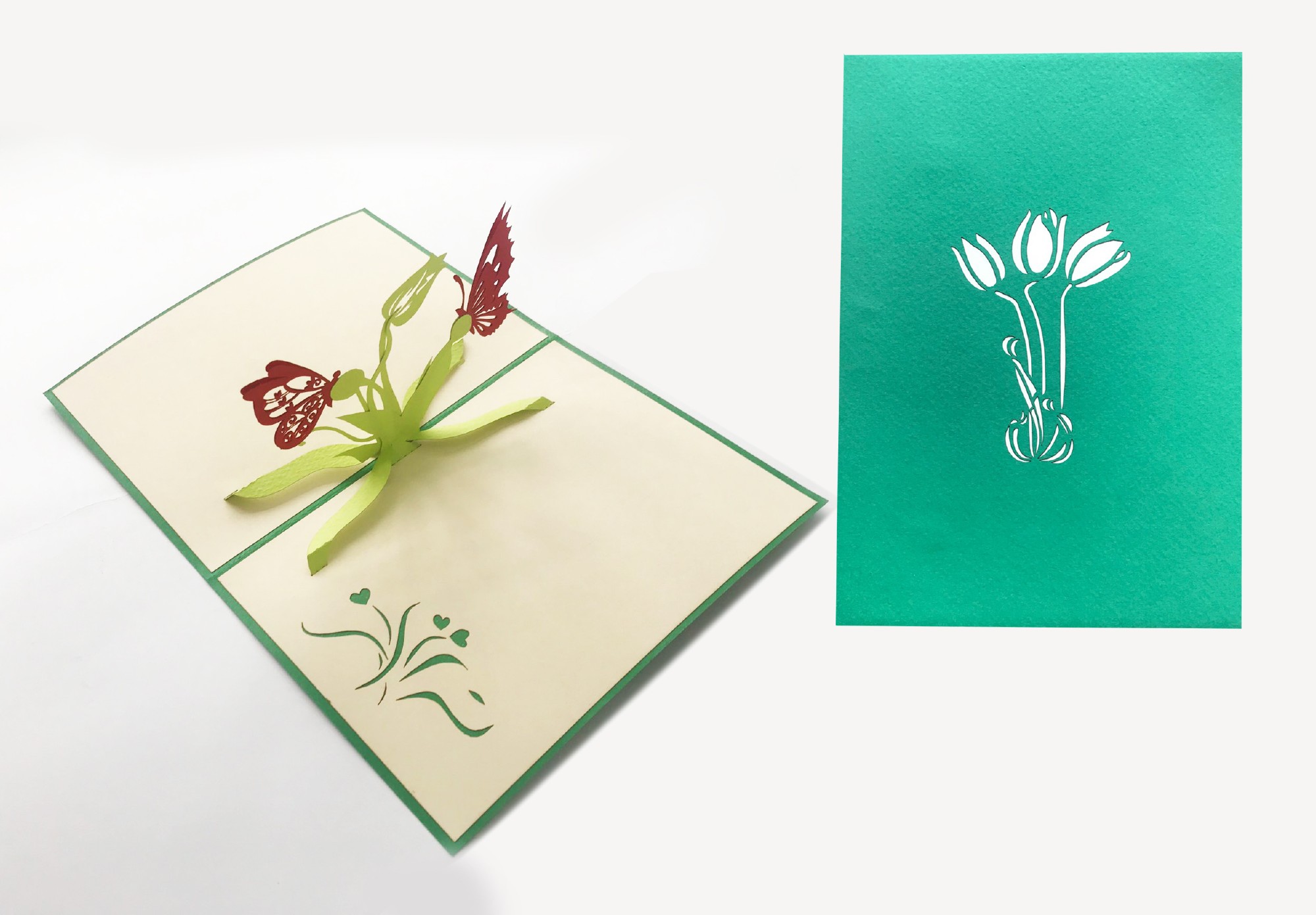 Pop-Up Karte 'Schmetterlinge auf Blüten', rot, grün, L 18 cm, B 13 cm