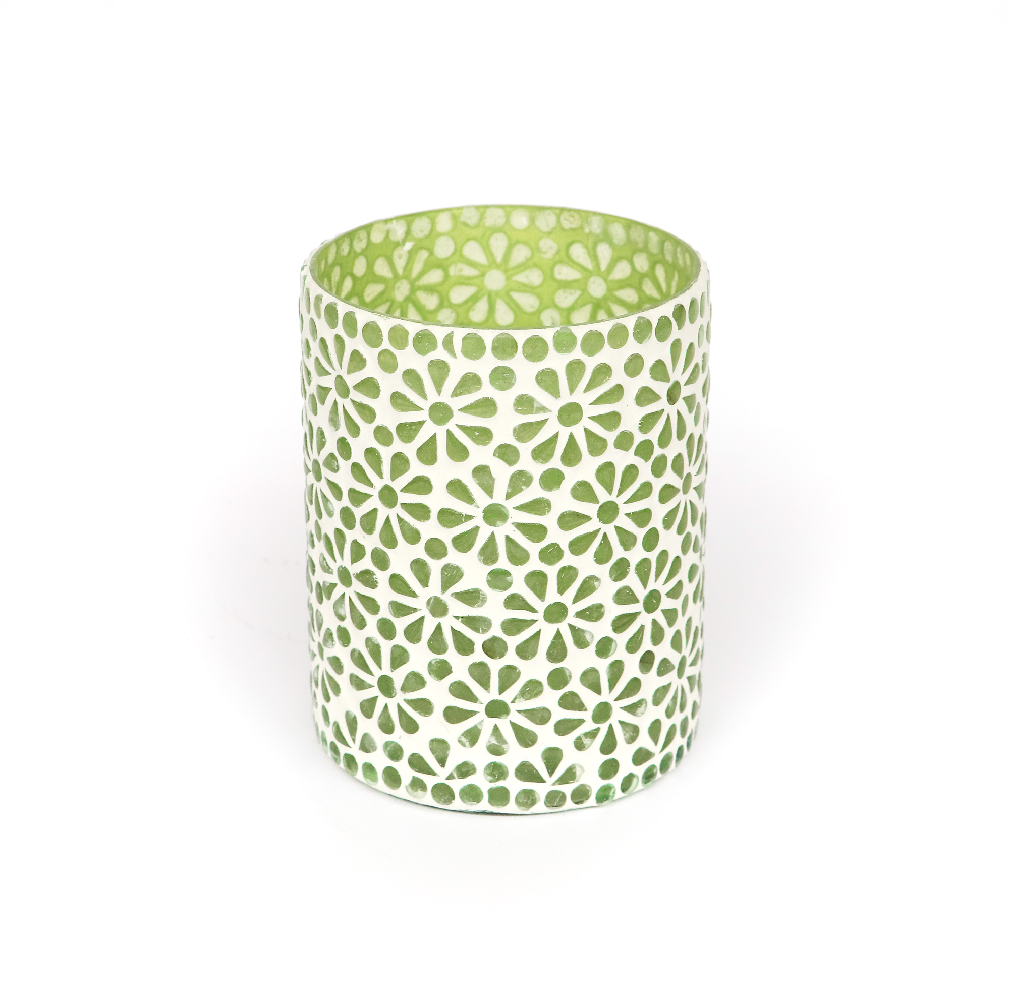 Windlicht 'Blumen-Mosaik', weiß-grün, Ø 12 cm, H 14 cm