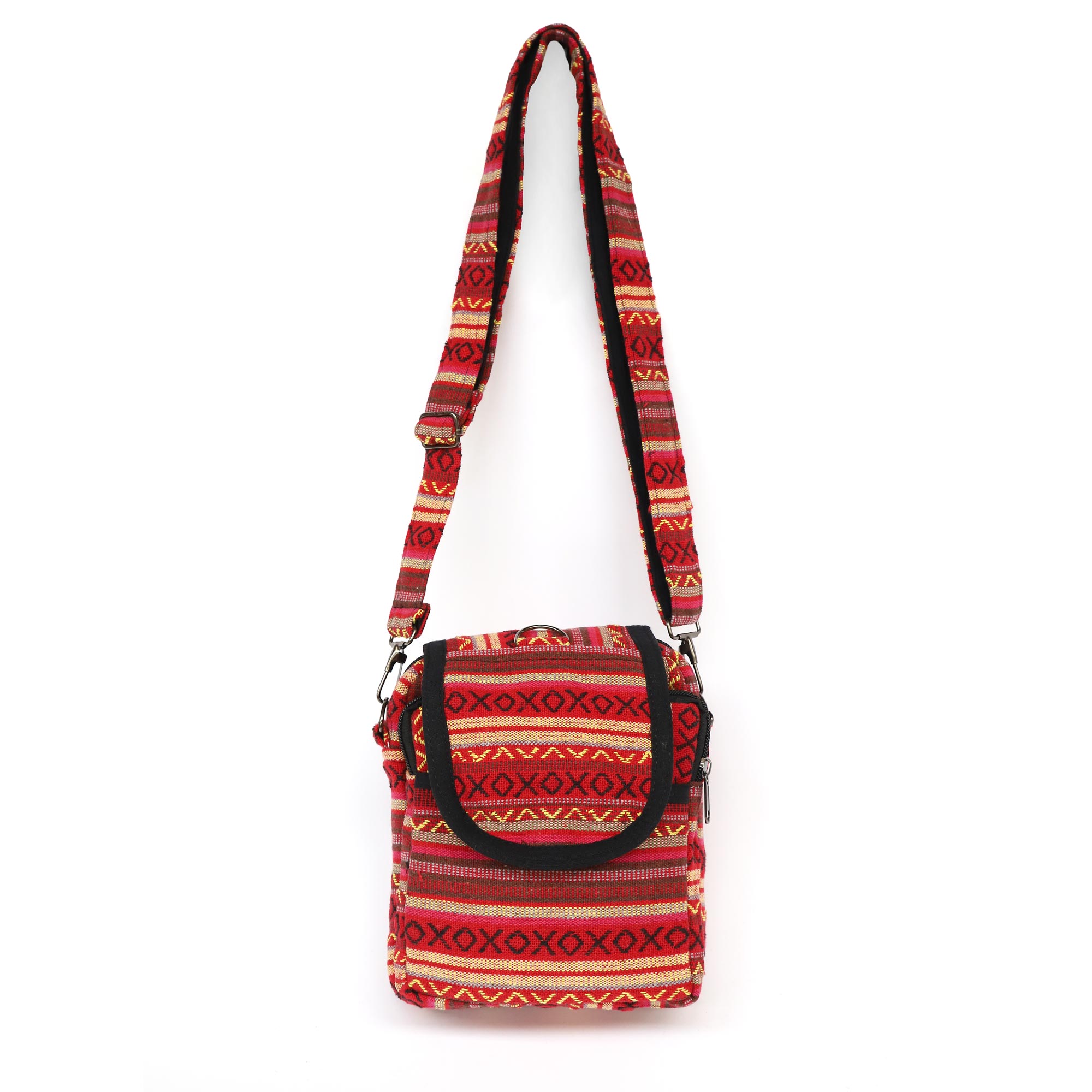 Umhängetasche aus Baumwolljacquard, Rottöne, H 22 cm, B 15 cm, L 7 cm