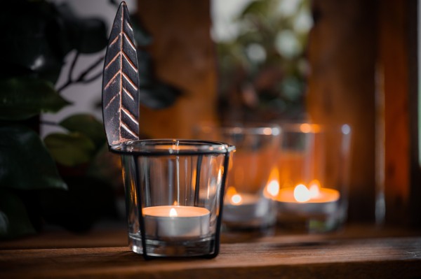 Teelichthalter 'Feder' mit Glas, schwarz, braun, Ø 7 cm, H 13 cm