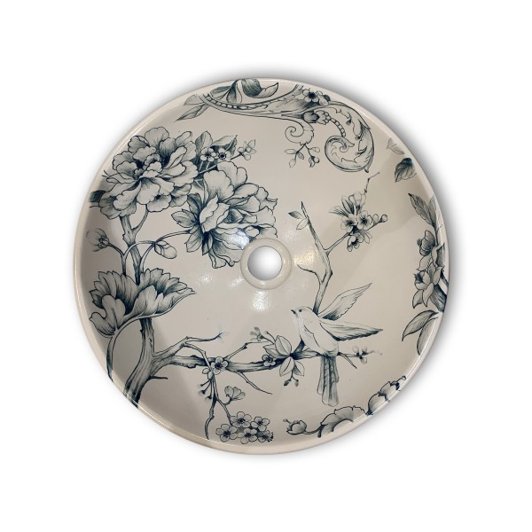 Keramik-Aufsatzwaschbecken 'Blumen & Vögel', Ø 41 cm, H 15 cm