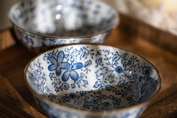 Suppenschale Blumenmuster, weiß/blau, H 6,5 cm, Ø 15,5 cm