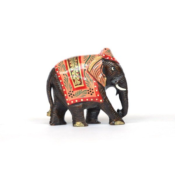 Elefant aus Holz mit Satteldecke, gelb-rot, H 8 cm, B 8 cm, T 3 cm