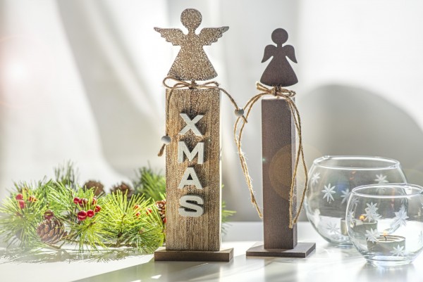 Holz-Säule 'X-mas' mit Engel, natur, H 8 cm, T 3 cm, B 3 cm