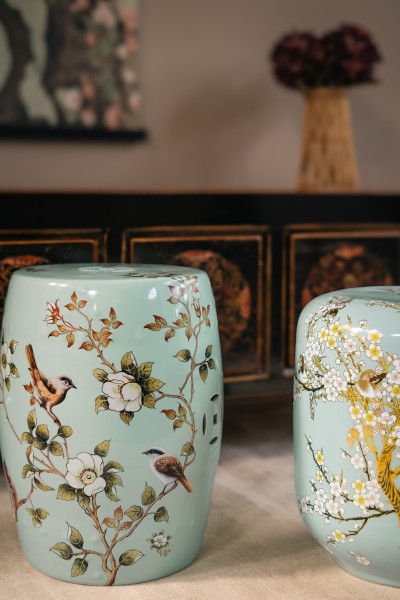 Keramik-Hocker 'Printemps Chinois', türkis, multicolor, Ø 34 cm, H 44 cm