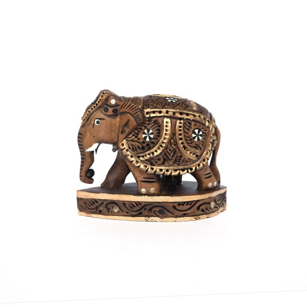 Elefant aus Holz auf Sockel, braun, gold, H 8 cm, B 9 cm, T 5 cm