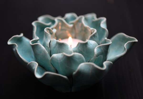 Teelichthalter 'Rose', türkis, Ø 14 cm, H 7 cm