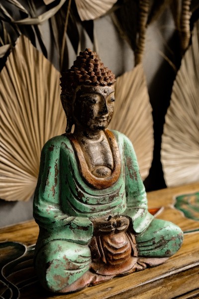 Holzfigur 'Meditierender Buddha', türkis, H 30 cm, B 25 cm, L 13 cm