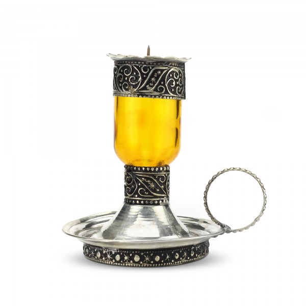Metall-Kerzenhalter, gelbes Glas, Ø 8 cm, H 10 cm