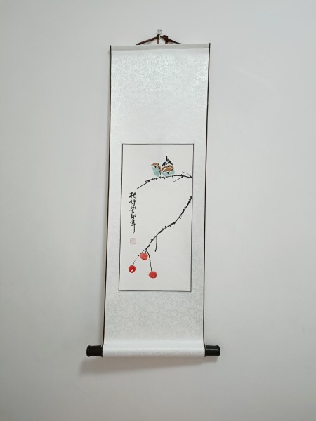 Rollbild 'Vogel', handgemalt, H 90 cm, B 30 cm