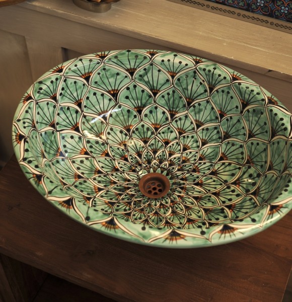 Keramikwaschbecken 'Pfau', hellgrün, multicolor, B 53 cm, L 43 cm, H 19 cm