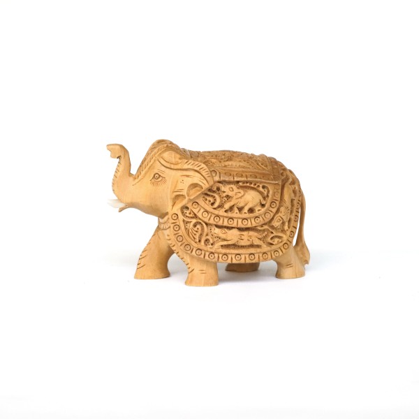 Elefant aus Holz mit Satteldecke, natur, B 11 cm, H 7,5 cm, T 5,6 cm
