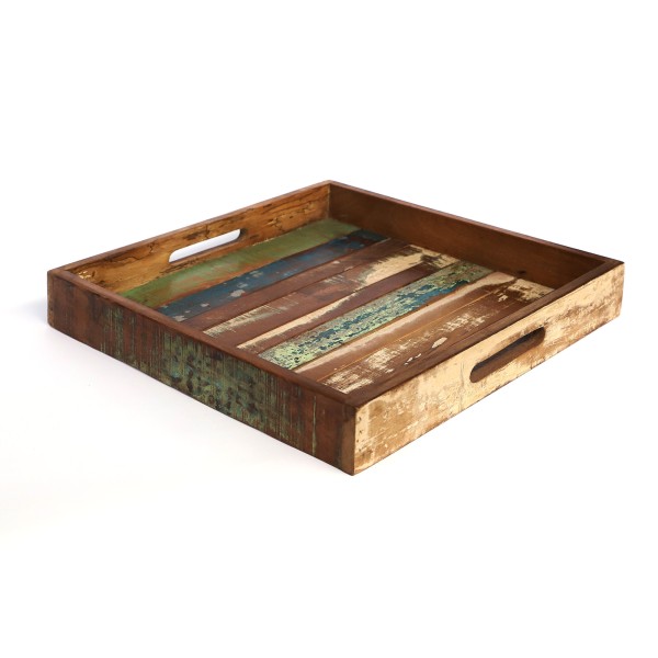 Tablett 'Jarrow' aus recyceltem Holz, natur, multicolor, B 45 cm, L 45 cm, H 6 cm