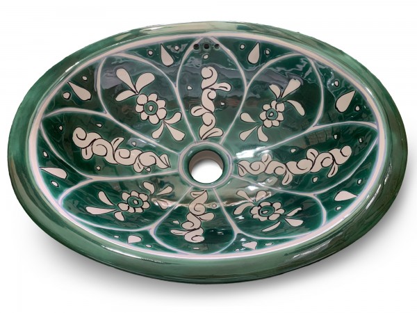Keramikwaschbecken 'Blüte', grün, weiß, L 40 cm, B 30 cm, H 13 cm