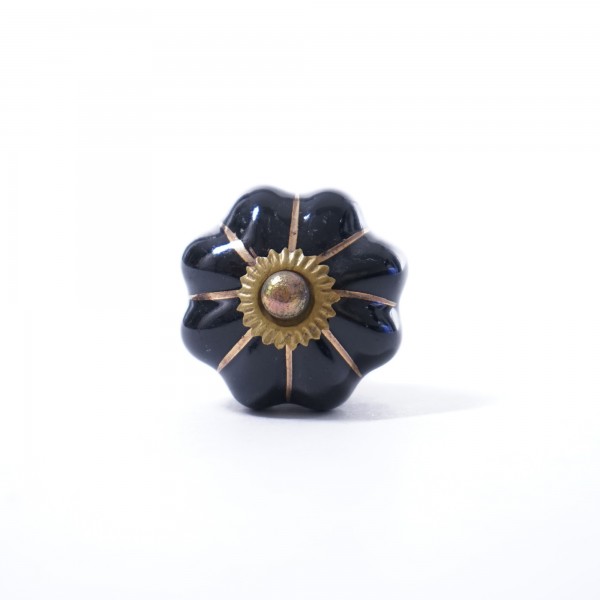 Keramik Möbelknopf 'Blume', handglasiert, schwarz, Ø 3,5 cm