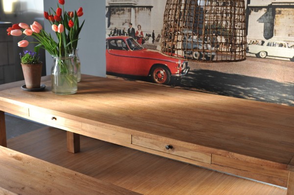Holztisch aus recyceltem Teak mit 4 Schubladen, natur, L 300 cm, B 110 cm, H 79 cm