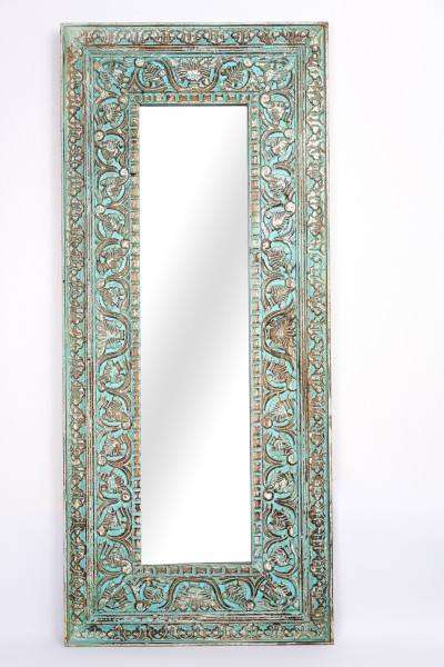 Spiegel mit Rahmen, Schnitzereien, türkis, T 4 cm, B 52 cm, H 123 cm