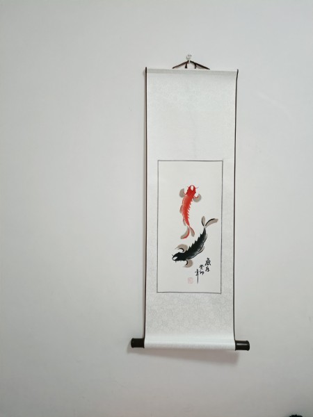 Rollbild 'fröhlicher Fisch', handgemalt, H 90 cm, B 30 cm
