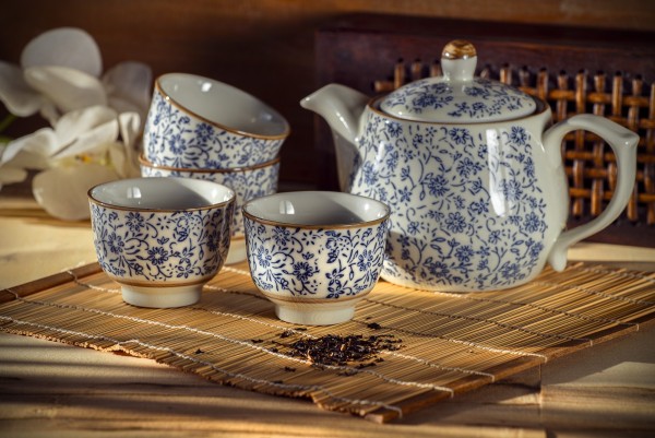 Teeservice 'Nan Ling', 4 Tassen, Teekanne, blau-weiß