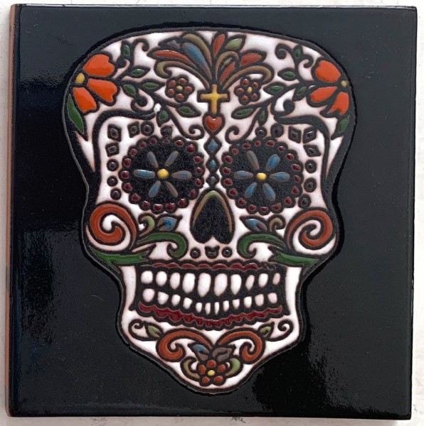 Reliefkachel 'Cráneo', schwarz, weiß, rot, T 10 cm, B 10 cm, H 0,5 cm