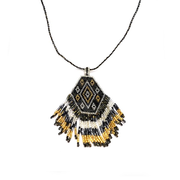 Halskette 'Hexagon' aus Glasperlen, schwarz, silber, gold, H 9,5 cm, B 9 cm