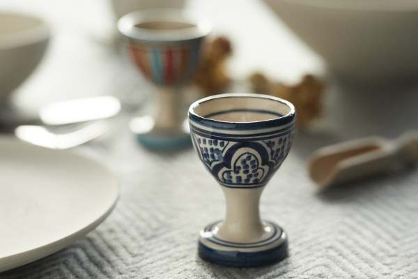 Keramik-Eierbecher, blau, weiß, H 7 cm, Ø 5 cm