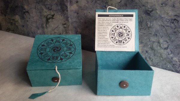 Lokta Box Glückssymbole, blaugrün, schwarz, T 11 cm, B 11 cm, H 5,5 cm