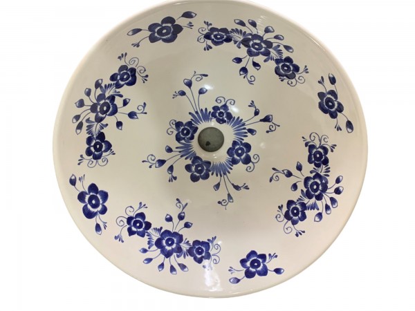 Keramikaufsatzwaschbecken 'Blaue Blumen', weiß, blau, Ø 44 cm, H 14 cm