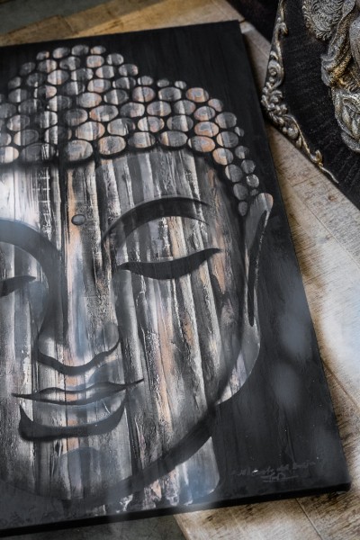 Gemälde 'Wooden Buddha' auf Leinwand, schwarz / braun, H 120 cm, B 80 cm, T 4 cm