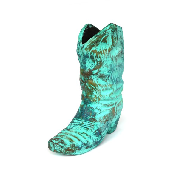 Stiefel aus Terracotta, braun, türkis, H 49 cm, B 40 cm, L 20 cm