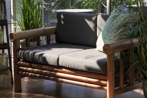Bambusbank 'Susila' 2-Sitzer mit grauen Polstern, natur, grau, T 85 cm, B 140 cm, H 80 cm