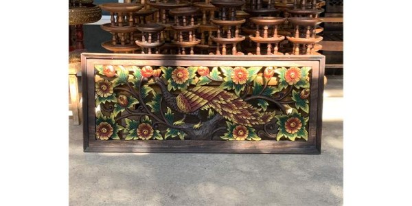 Wandbild aus 'Akazien'-Holz Vogel mit Blumen, B 99 cm, H 41 cm