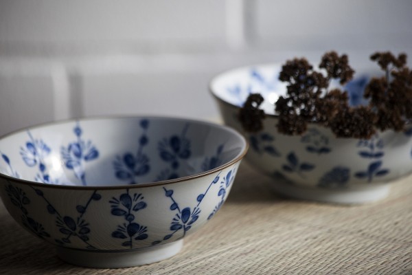 Suppenschale Blumenmuster, weiß, blau, H 6,5 cm, Ø 15,5 cm