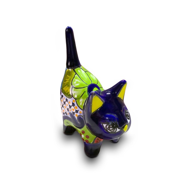 Katze Keramik blau, L 10 cm, B 5 cm, H 14 cm