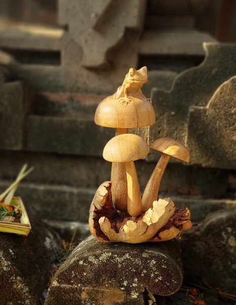 Figur 'Frosch auf Pilz' aus Holz, H 20 cm, Ø 12 cm