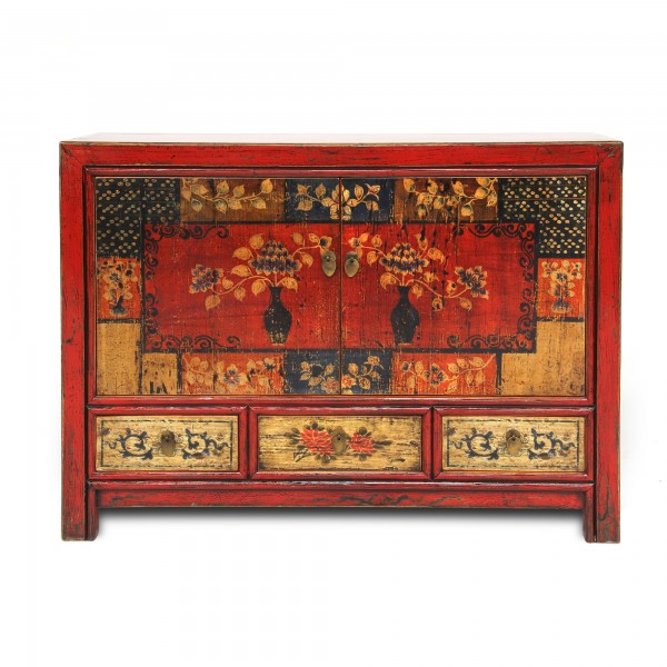 Sideboard, 2 Türen, 3 Schubladen, florales Patchwork, rot, multicolor, T 40 cm, B 117 cm, H 85 cm
