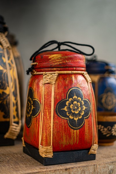 Reisbehälter aus Bambus, 'Blüte', orange, B 17 cm, H 30 cm, T 17 cm