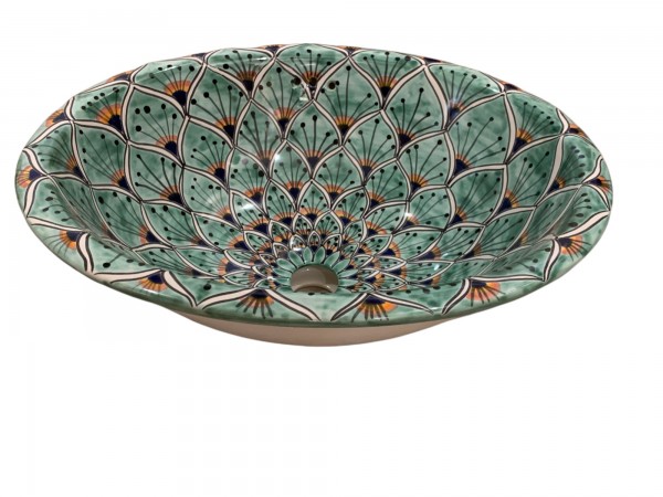 Keramikwaschbecken 'Pfau', hellgrün, multicolor, L 45 cm, B 37 cm, H 17 cm