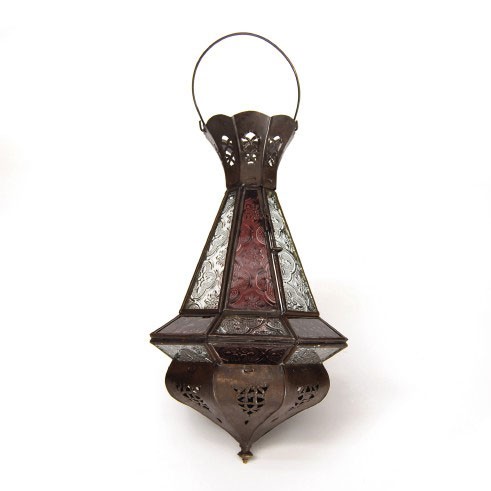 Laterne 'Tria Khalid' mit Glas rot, klar, antik-braun, Ø 16 cm, H 28 cm