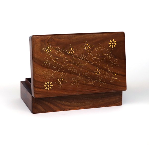 Holz-Schatulle mit Messingintarsien, braun, gold, B 20 cm, L 16 cm, H 6 cm