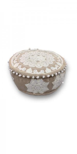 Pouf Mandala 'Arika' mit Pompon, beige, weiß, Ø 40 cm, H 20 cm