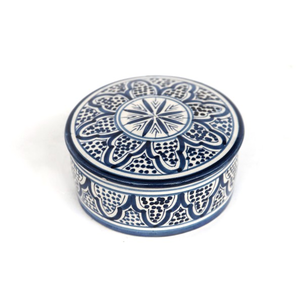 Deckelbehälter aus Keramik, blau, weiß, H 5 cm, Ø 12 cm